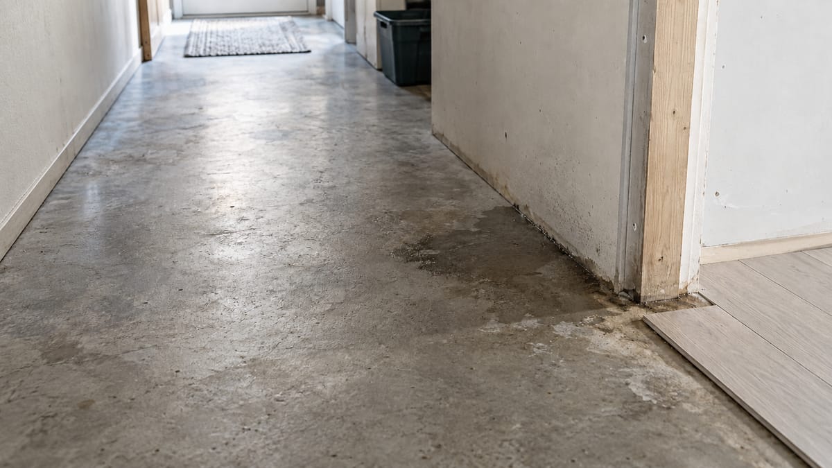 An irregular damp patch on exposed concrete beside an interior wall.