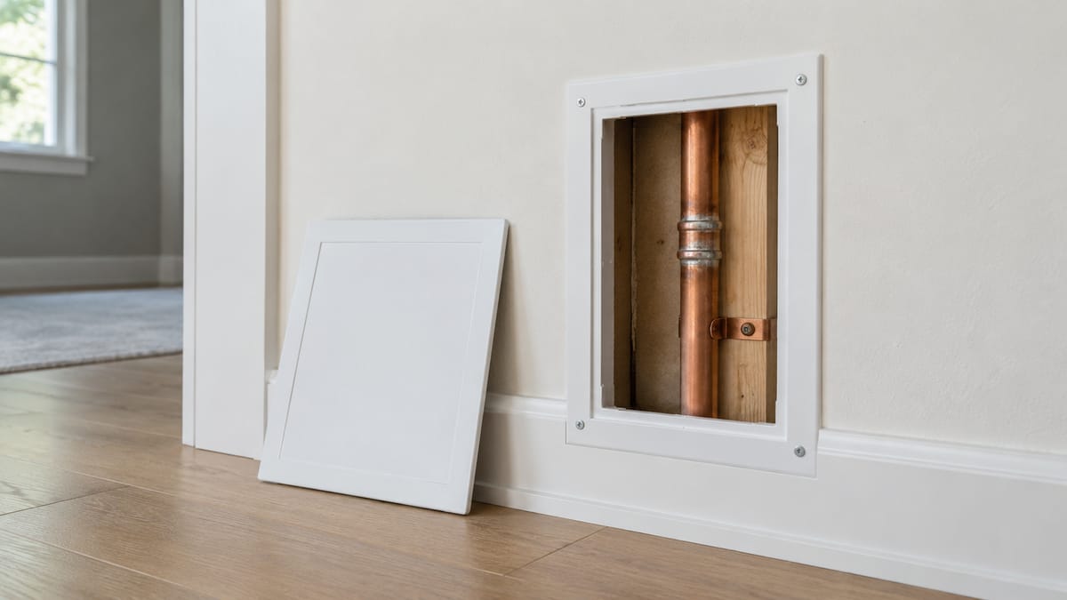 A copper water pipe visible through an open wall access panel.