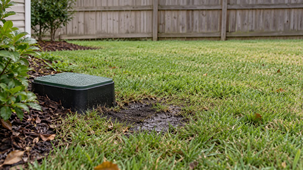 Damp soil beside a closed irrigation valve box at the edge of a lawn.